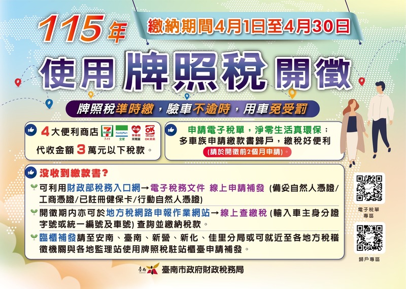 臺南市府提醒牌照稅於4月1日開徵　提供多元繳納服務更便利　電子稅單推動環保節能
