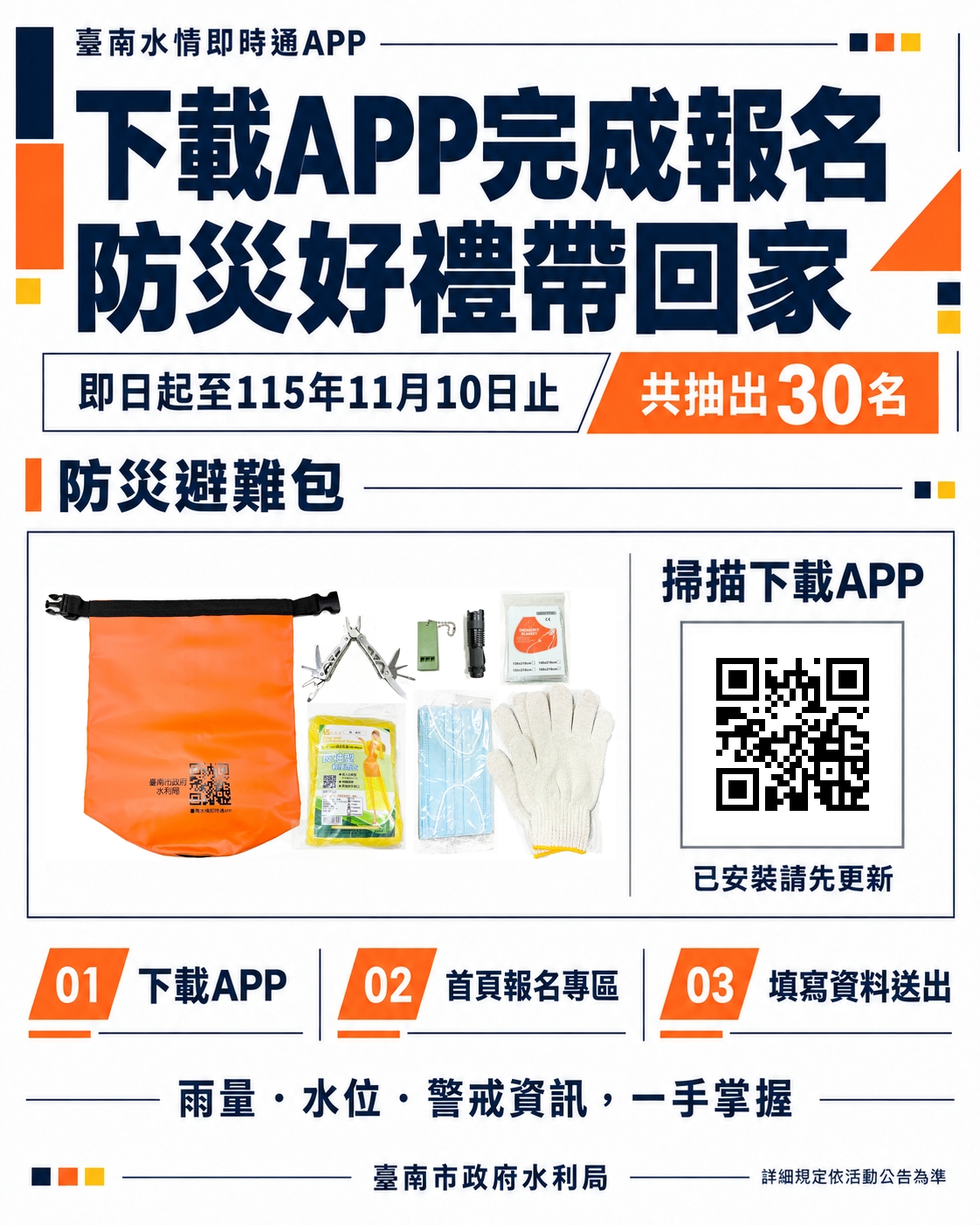 台南水情APP下載抽獎開跑！黃偉哲邀市民參加　30份防災避難包等你拿