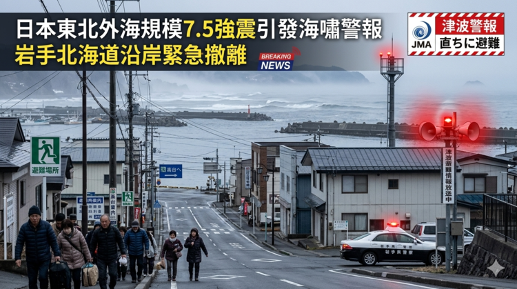 日本東北外海規模7.5強震引發海嘯警報　岩手北海道沿岸全面緊急撤離