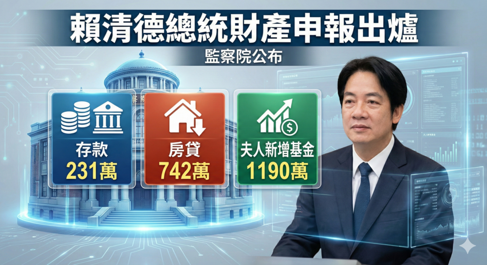 賴清德總統財產申報正式出爐　存款231萬對比房貸742萬　夫人新增1190萬基金曝光