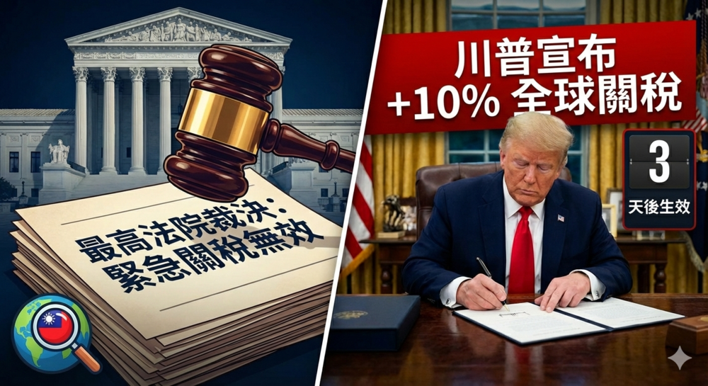 美國最高法院裁定緊急關稅政策逾權無效　行政院嚴密關注國際貿易變局，強調維護國家與產業最大利益，川普擬加碼10%關稅3天後生效