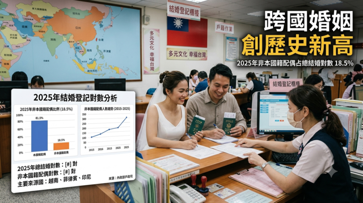 臺灣跨國婚姻占比創新高　非本國籍配偶突破18%　婚育模式進入新階段