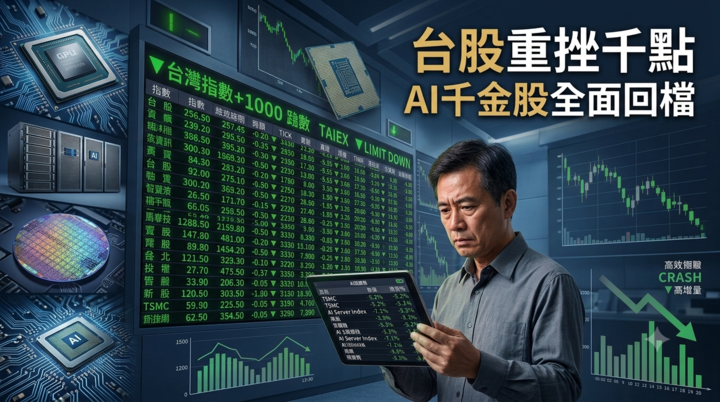 台股重挫千點千金股全面崩跌　創意、世芯-KY跌停、信驊重挫逾9%　AI高價股面臨獲利了結賣壓