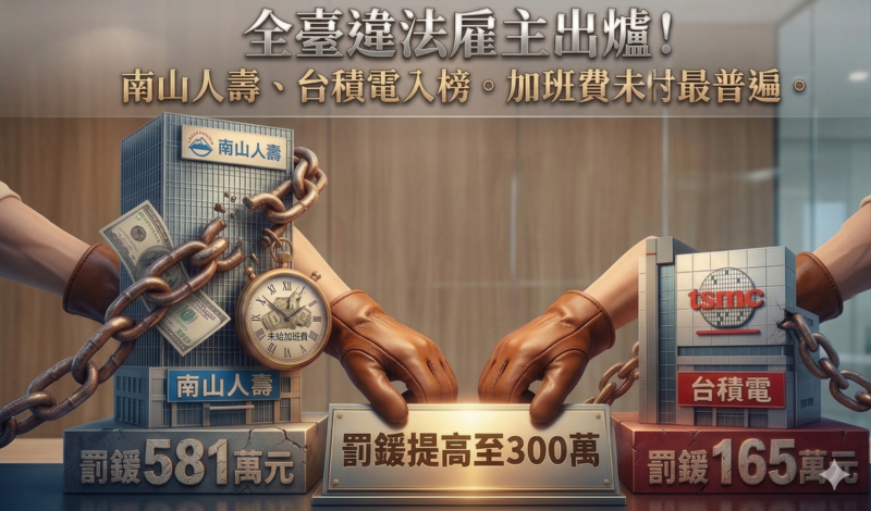 全臺十大違法雇主名單公布：南山人壽居冠、台積電入榜，勞團指出未給加班費仍是最大宗問題，盼修法提高罰責